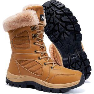 Women's Brown Waterproof Winter Boots Warm Fur Lined Anti Slip Mid Calf